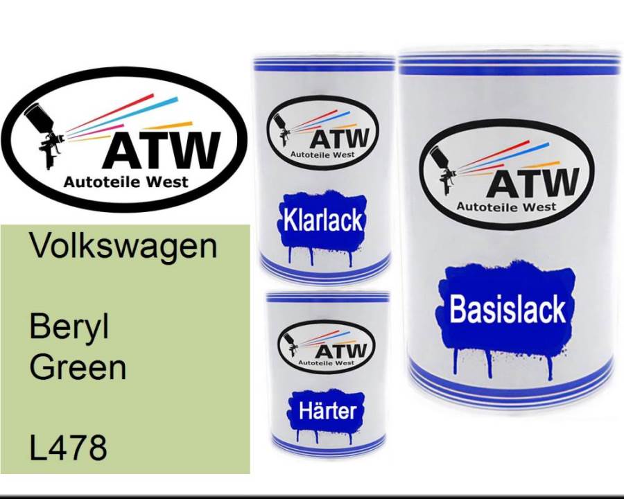 Volkswagen, Beryl Green, L478: 500ml Lackdose + 500ml Klarlack + 250ml Härter - Set, von ATW Autoteile West.